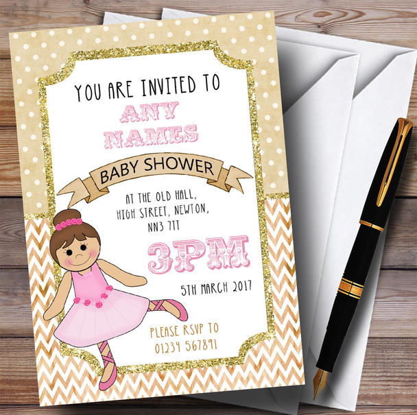 Ballerina Ballet Glitter Gold Girls Invitations Baby Shower Invitations