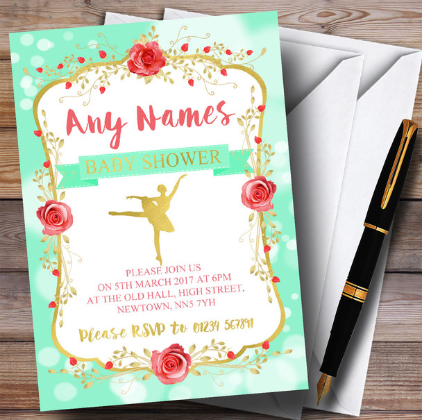 Green & Gold Ballerina Ballet Invitations Baby Shower Invitations