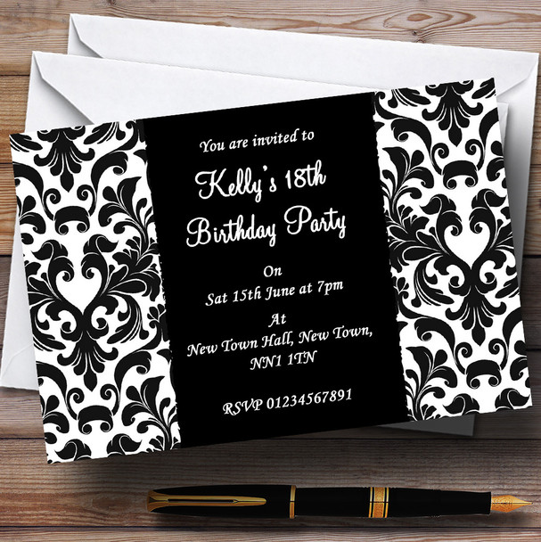 Black, Pink & White Damask Personalised Party Invitations