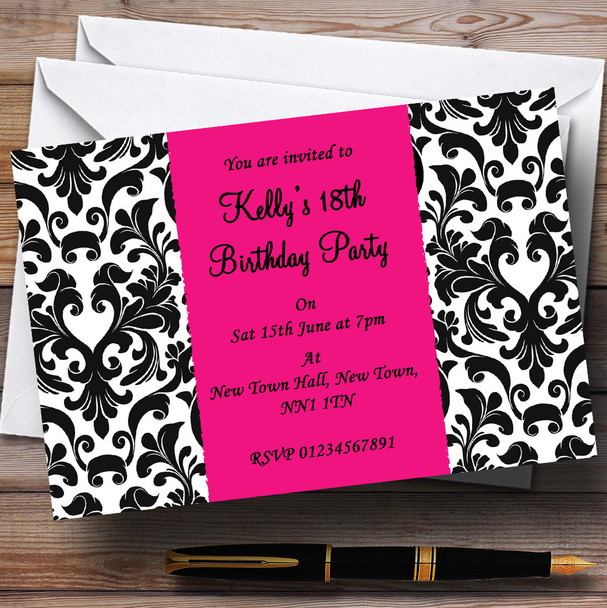 Black, White & Pink Damask Personalised Party Invitations