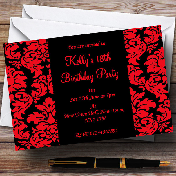 Floral Black & Red Damask Personalised Party Invitations