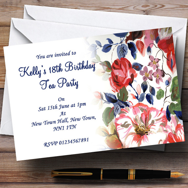 Pretty Blue Vintage Floral Garden Tea Personalised Party Invitations