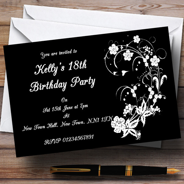 Black White Floral Personalised Party Invitations