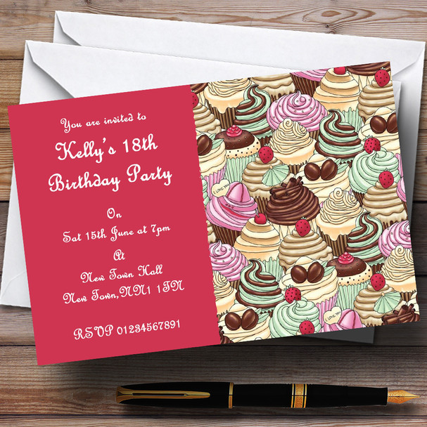 Bright Pink Chocolate Cupcakes Vintage Tea Personalised Party Invitations