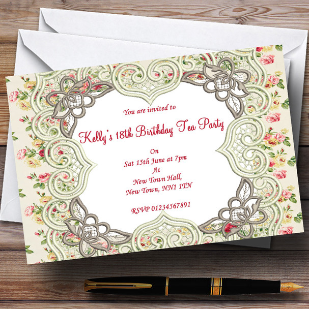 Kidston Inspired Floral Vintage Garden Tea Personalised Party Invitations