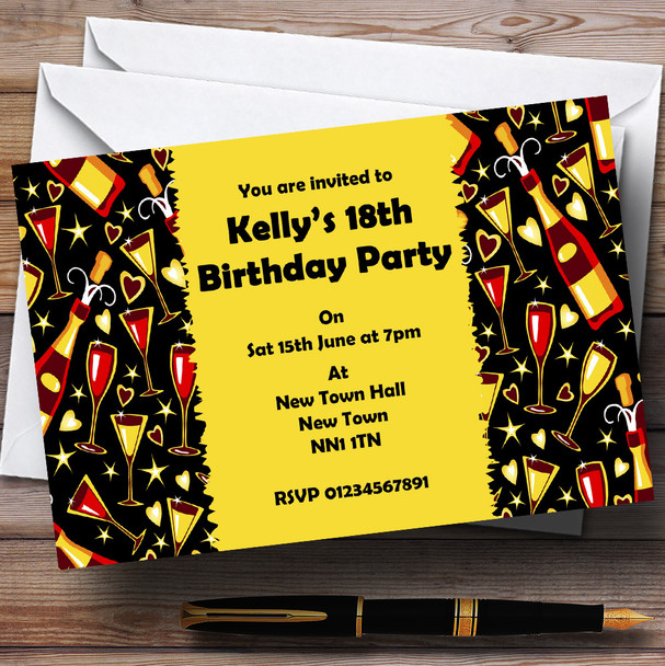 Black Yellow Champagne Glasses Personalised Party Invitations