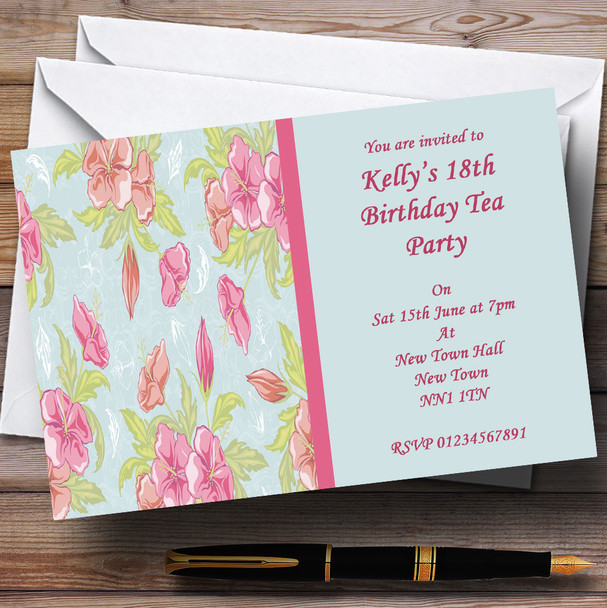 Pale Blue Pink Vintage Tea Personalised Party Invitations