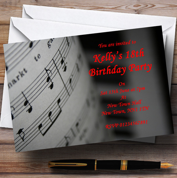 Piano And Music Black Red Personalised Party Invitations