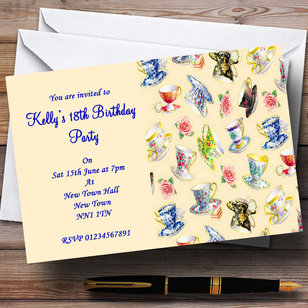 Vintage Tea Party Cream Blue Personalised Party Invitations