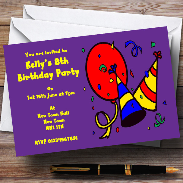 Yellow Purple Party Hat Personalised Party Invitations