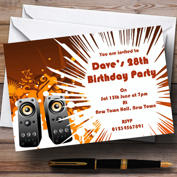 Orange Brown Retro Music Speakers Personalised Party Invitations