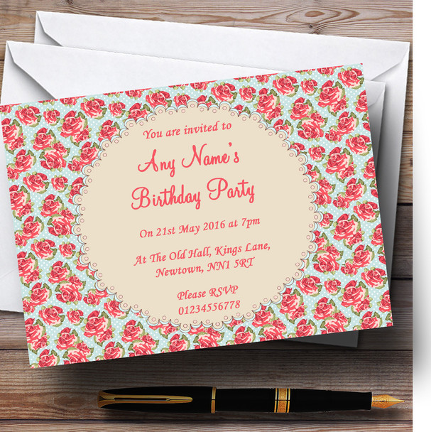 Blue And Coral Pink Floral Shabby Chic Chintz Personalised Birthday Party Invitations
