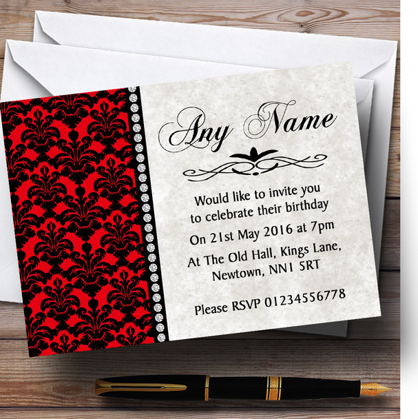 Deep Red Black Damask & Diamond Personalised Birthday Party Invitations