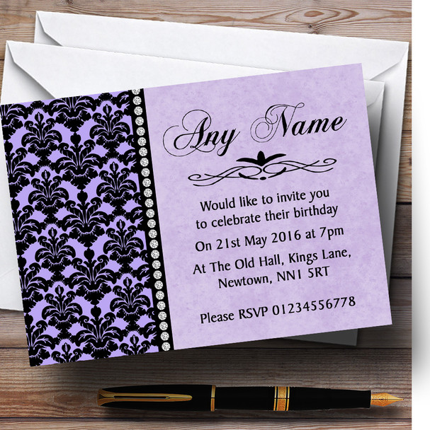 Lilac Purple Black Damask & Diamond Personalised Birthday Party Invitations