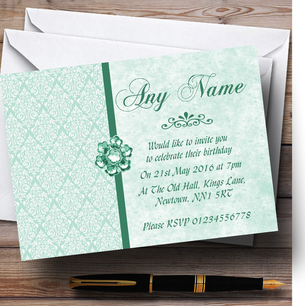 Pale Mint Green Vintage Damask Jewel Personalised Birthday Party Invitations