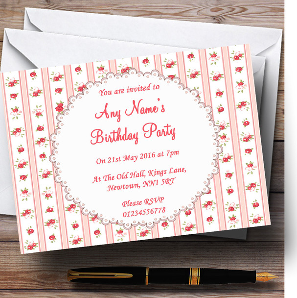 Pink Red Roses Shabby Chic Stripes Personalised Birthday Party Invitations