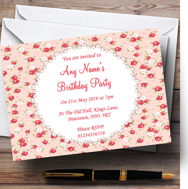 Red And Coral Pink Floral Shabby Chic Chintz Personalised Birthday Party Invitations