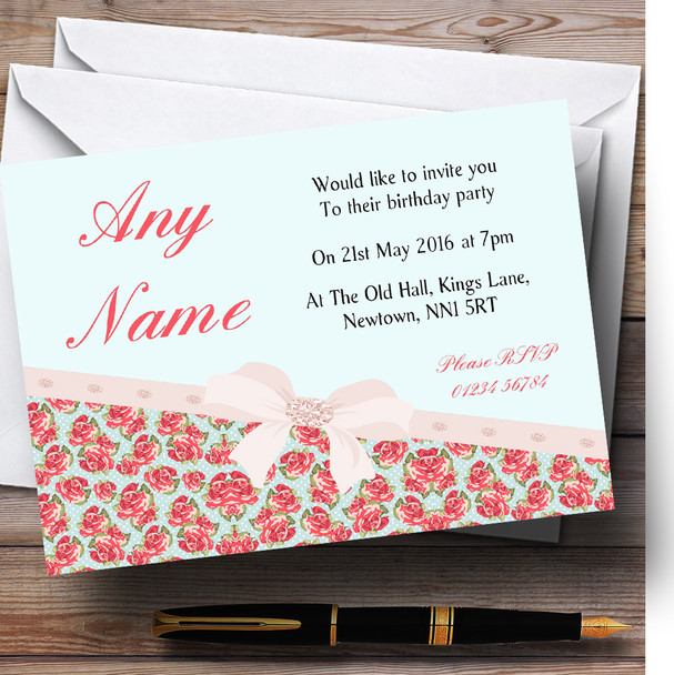 Classic Aqua And Pink Roses Shabby Chic Birthday Party Personalised Invitations