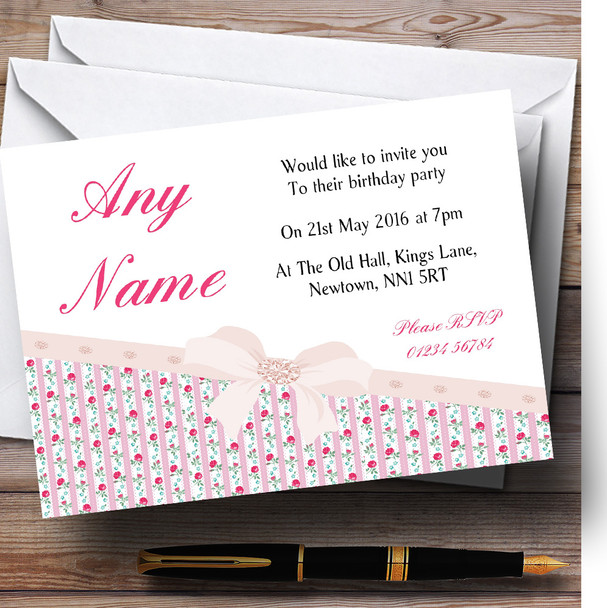 Classic Pretty Pink Roses Shabby Chic Birthday Party Personalised Invitations