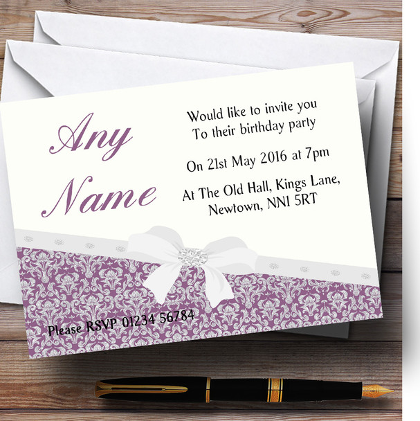 Classic Purple And Silver Damask Birthday Party Personalised Invitations