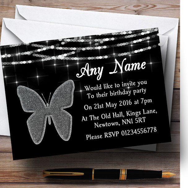 Silver Glitter Look Butterfly Birthday Party Personalised Invitations