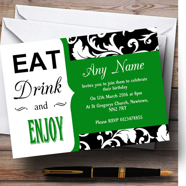 Green Damask Vintage Eat Drink Personalised Birthday Party Invitations