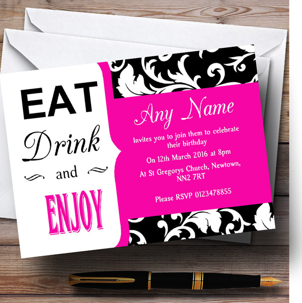 Hot Pink Vintage Damask Eat Drink Personalised Birthday Party Invitations
