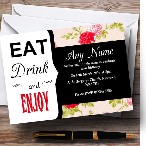 Modern Eat Drink Coral Flowers Personalised Birthday Party Invitations