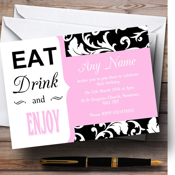 Pastel Pal Pink Vintage Damask Eat Drink Personalised Birthday Party Invitations