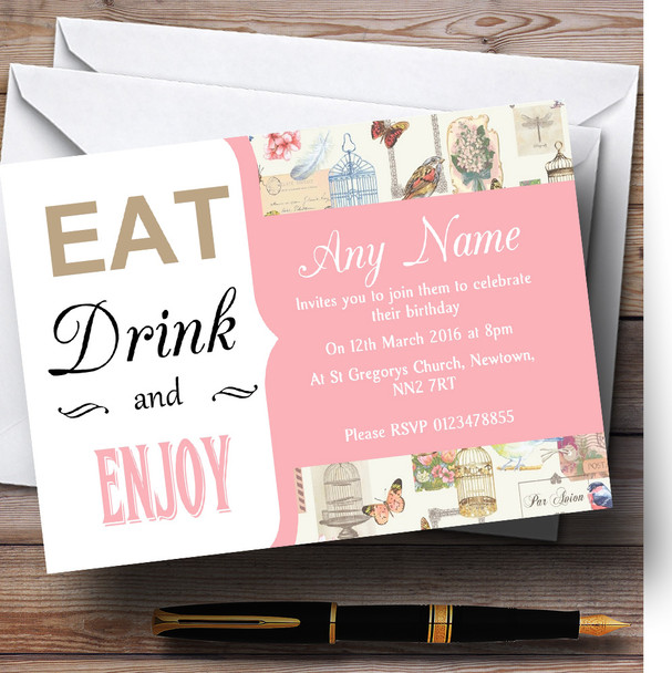 Pink Eat Drink Vintage Birdcage Personalised Birthday Party Invitations