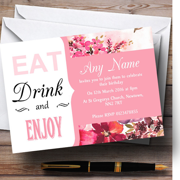 Pink Floral Eat Drink Vintage  Personalised Birthday Party Invitations