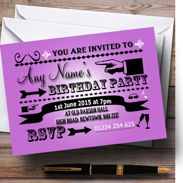 Purple Typography Word Art Vintage Personalised Birthday Party Invitations