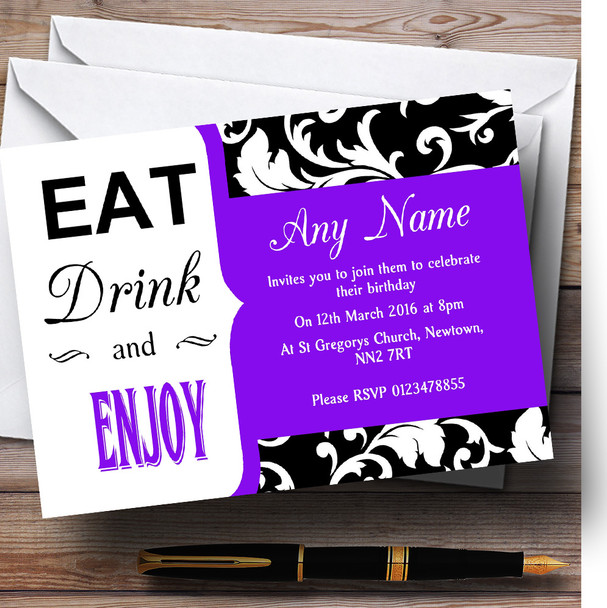 Purple Vintage Damask Eat Drink Personalised Birthday Party Invitations