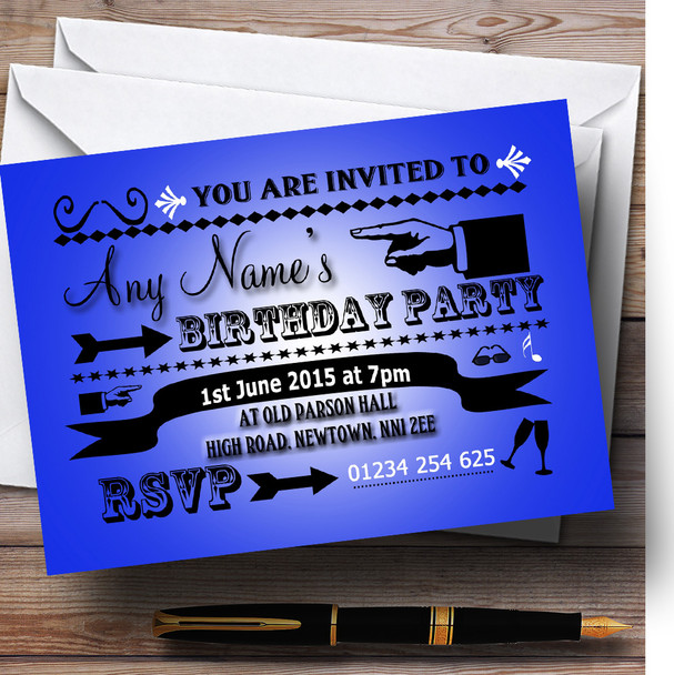 Royal Blue Typography Word Art Vintage Personalised Birthday Party Invitations