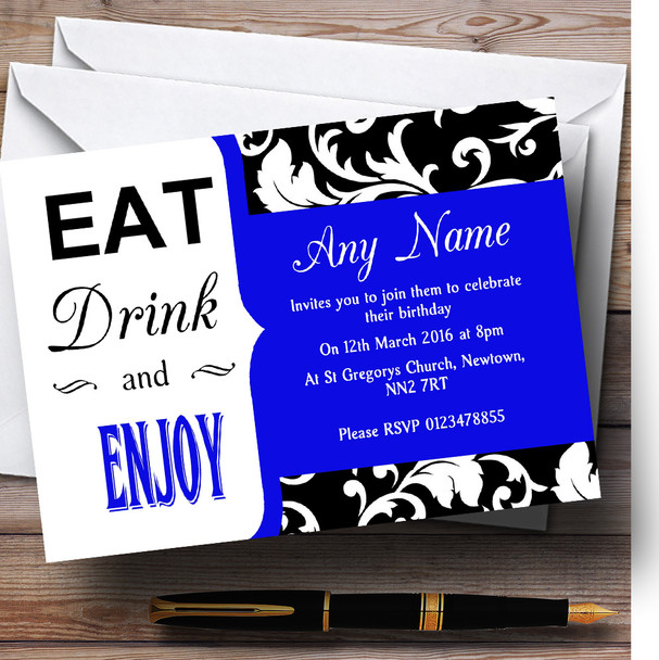Royal Blue Vintage Damask Eat Drink Personalised Birthday Party Invitations