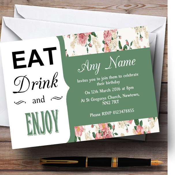 Sage Green Pink Vintage Floral Eat Drink Personalised Birthday Party Invitations