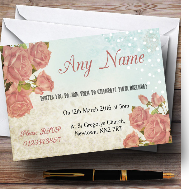 Shabby Chic Vintage Floral Classic Light Personalised Birthday Party Invitations