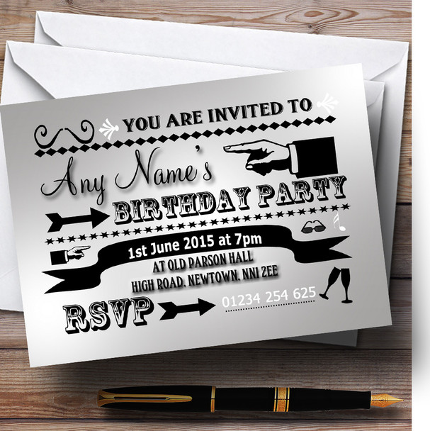 Silver Typography Word Art Vintage Personalised Birthday Party Invitations