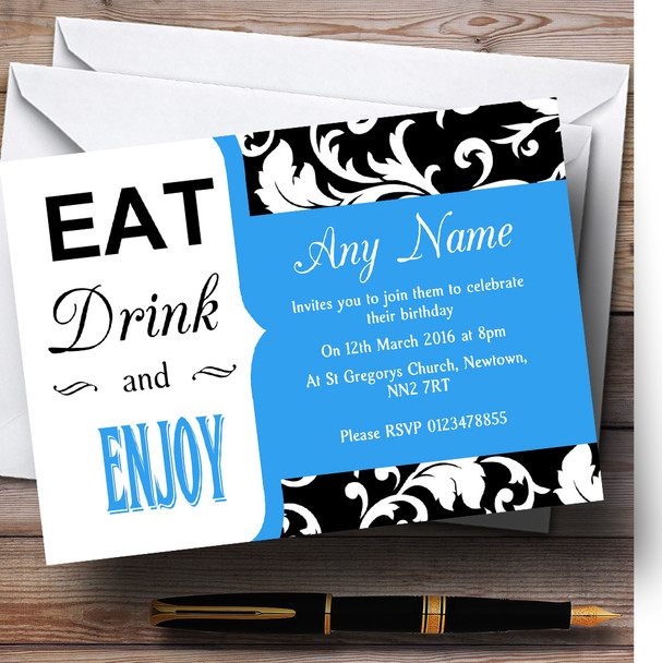 Sky Blue Vintage Damask Eat Drink Personalised Birthday Party Invitations