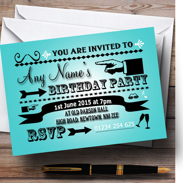 Turquoise Typography Word Art Vintage Personalised Birthday Party Invitations