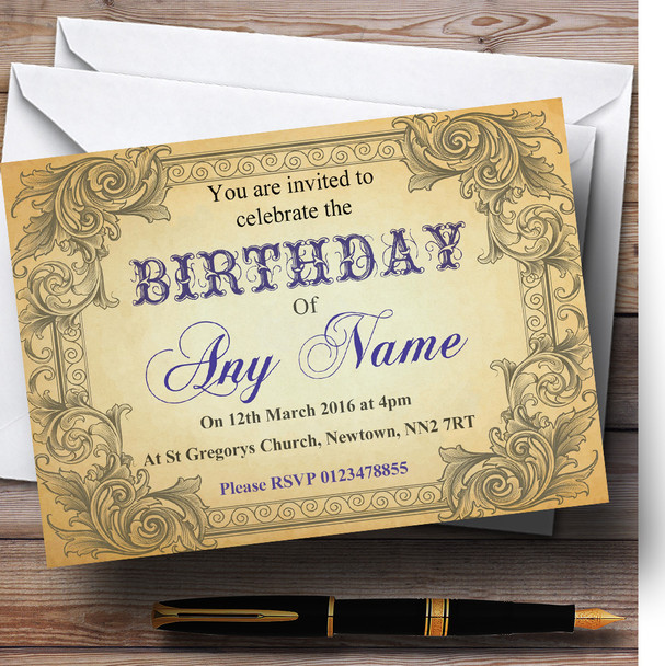 Typography Vintage Blue Postcard Personalised Birthday Party Invitations
