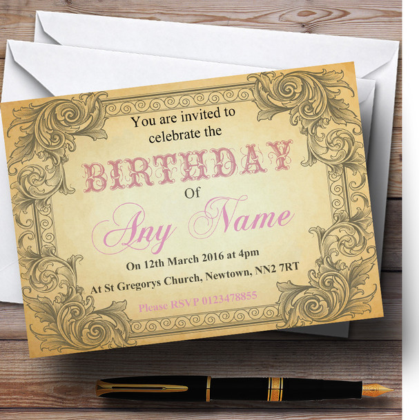 Typography Vintage Pale Pink Postcard Personalised Birthday Party Invitations