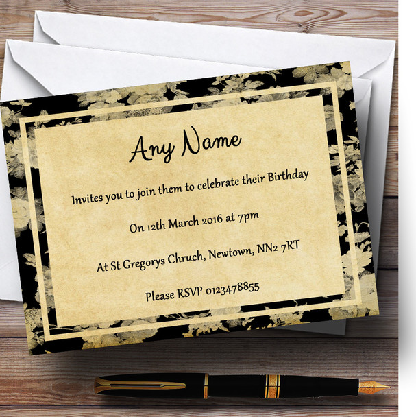 Vintage Black Roses Postcard Style Personalised Birthday Party Invitations