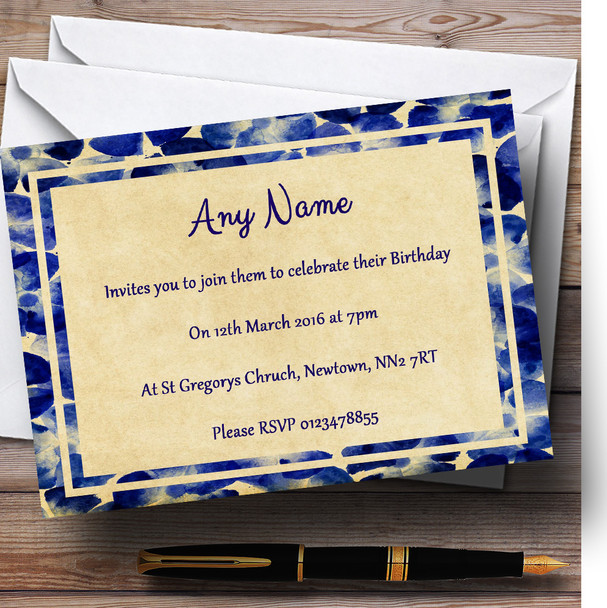 Vintage Blue Flowers Postcard Style Personalised Birthday Party Invitations