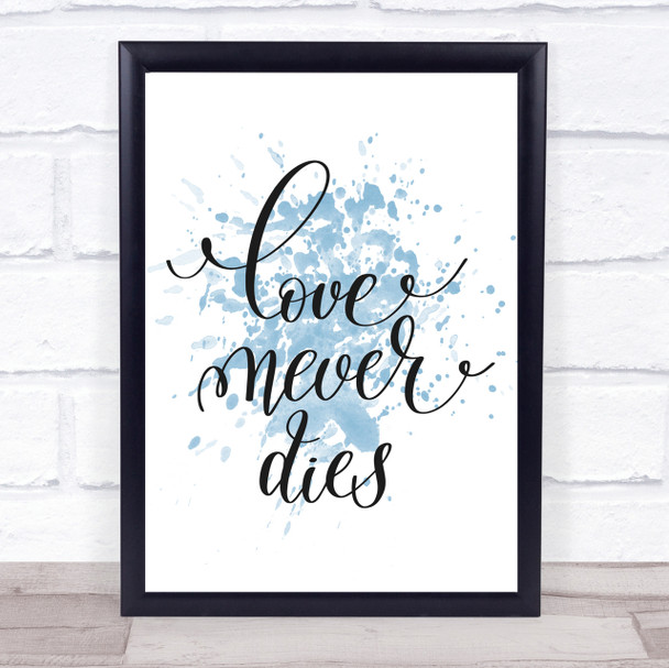 Love Never Dies Inspirational Quote Print Blue Watercolour Poster