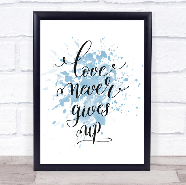 Love Never Gives Up Inspirational Quote Print Blue Watercolour Poster