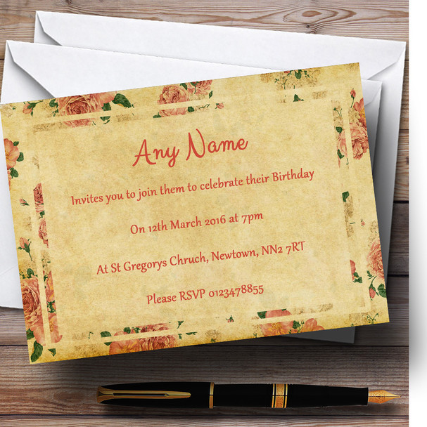 Vintage Pink Roses Postcard Style Personalised Birthday Party Invitations
