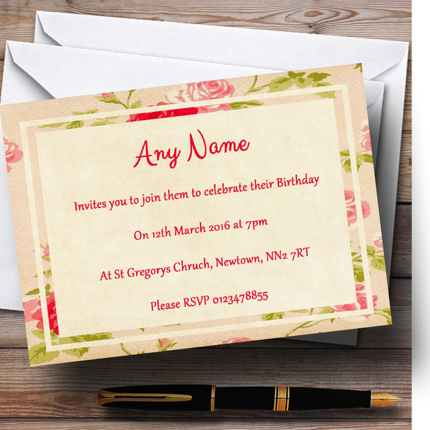 Vintage Pink Shabby Chic Flowers Postcard Style Personalised Birthday Party Invitations