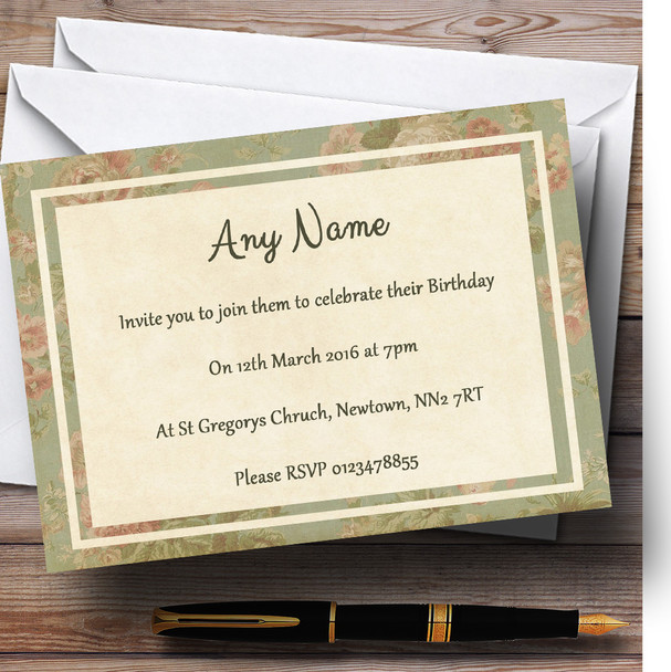 Vintage Sage Green Postcard Style Personalised Birthday Party Invitations