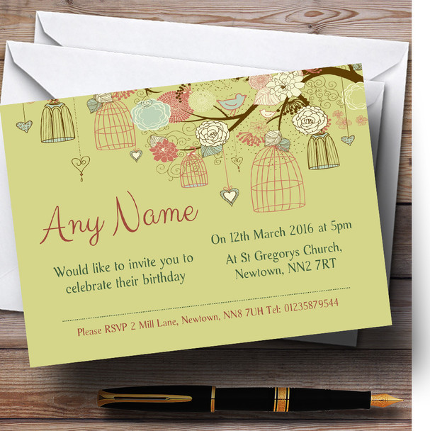 Vintage Shabby Chic Birdcage Gold Green Personalised Birthday Party Invitations